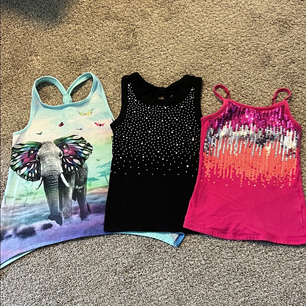 Justice Multicolor Elephant, Black, and Pink Tank Tops